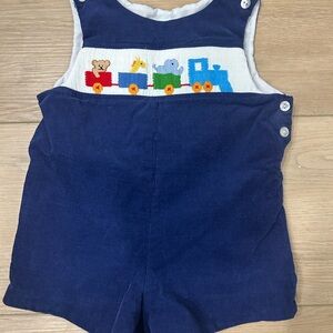 Blue Kids Romper with Smocked Train Design